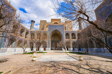 Interior courtyard of the Ulugh Beg Madrasah on the Registan Square in Samarkand, Uzbekistan