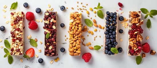 A vibrant display of nut and fruit bars surrounded by fresh ingredients, showcasing a healthy and delicious snack option