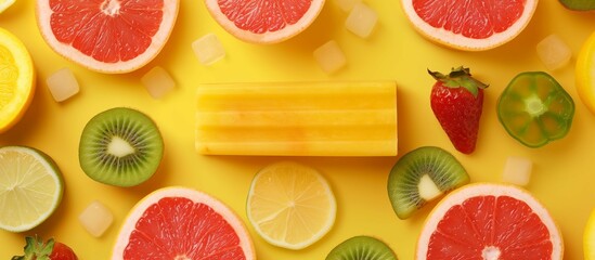 A refreshing display of fruit and ice pops on a vibrant yellow background, highlighting fresh citrus and berries for a summer treat.