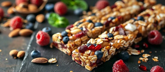 Assorted nut and fruit bars garnished with fresh berries, almonds, and seeds on a dark textured...
