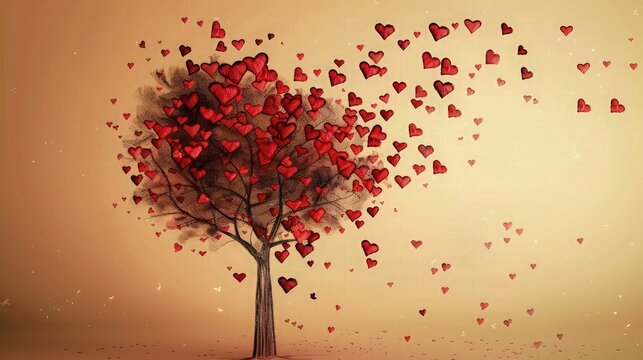  A realistic image of a beautiful tree decorated with vibrant red hearts, isolated on a pure white background. 