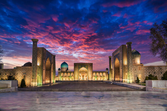Panoramic view of the three madrassahs of the Registan Square in Samarkand at dusk, Uzbekistan