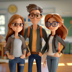 Group of friends in classroom in 3D toon style characters