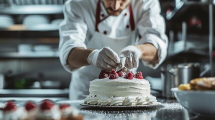 A captivating photo of a chef decorating a cake in a professional kitchen, ideal for culinary school ads with designated space for text