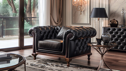 Elegant chesterfield chair with deep buttoned tufts and polished wood accents, showcasing timeless luxury