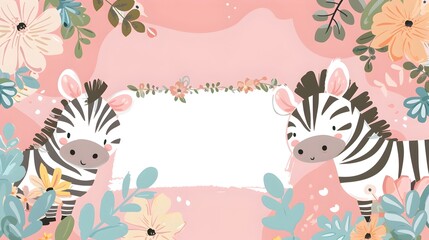 Cute Zebra Characters in Lush Floral Botanical Garden for Greeting Cards or Wallpaper Design