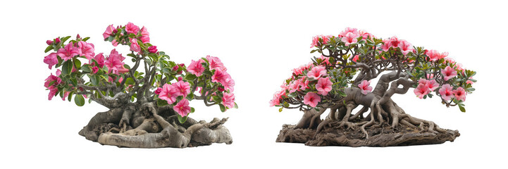 Dual pink desert rose bonsai trees with intertwined trunks and vibrant flowers, set in a rustic ceramic pot on a transparent background.