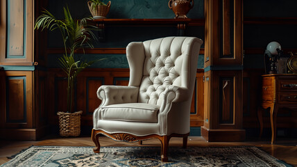 Luxurious wingback chair with tufted leather upholstery and high backrests, creating a stately presence