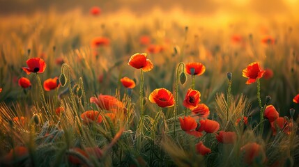 Fototapeta premium Witness the mesmerizing sight of vibrant poppies nestled among rye flowers set against a backdrop of lush farmland dotted with young green barley ears during the enchanting solstice period 