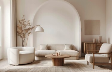 Minimalist interior design of a modern living room with a beige sofa, armchair and coffee table near a wooden cabinet against the wall with a white arch