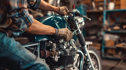 A closeup stock photo depicting a mechanic tuning a vintage motorcycle in a rustic garage, perfect for tool advertisements with copy space