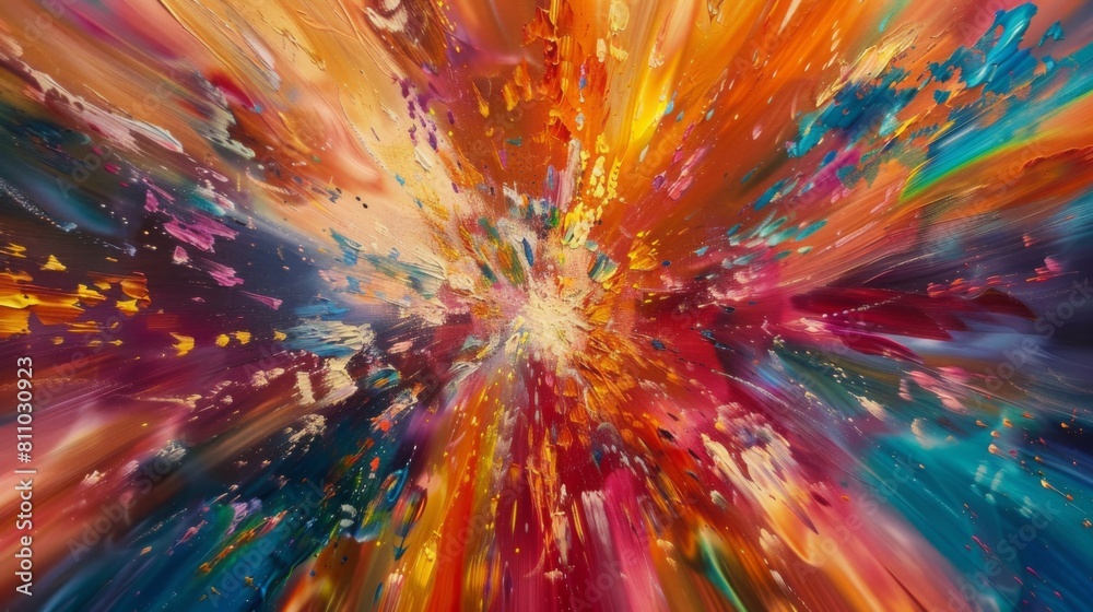 Poster a burst of vibrant colors spread outward in a dynamic pattern, reminiscent of an explosive, cosmic e