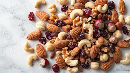 nut and fruit snack arrangement, assorted almonds, cashews, and cranberries artfully displayed on a marble surface a delightful mix of nuts and dried fruits for snacking