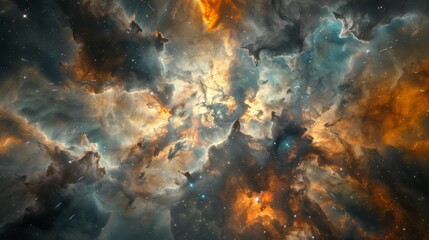 A vivid nebula glows with a mix of orange and blue hues amidst the darkness of outer space.