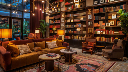  A hotel lobby with a library wall filled with vintage books and comfortable reading nooks