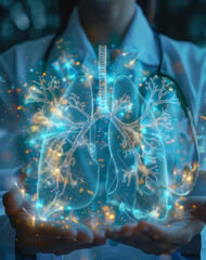 A medical professional displays a glowing holographic representation of human lungs, emphasizing advanced healthcare technology.