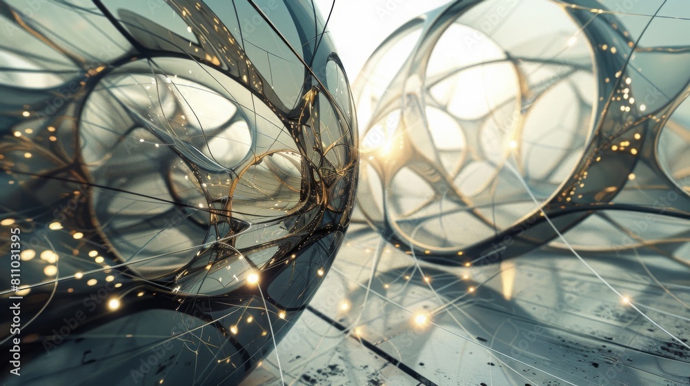 Leinwandbilder A complex web of intertwining lines and illuminated dots creating a three-dimensional network effect.