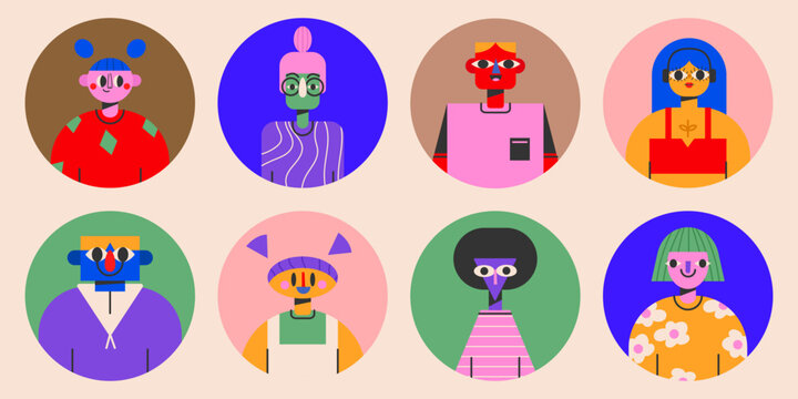 Round portraits of diverse people.Cute funny characters. Cartoon, minimal, abstract contemporary style. Avatar, icon templates. Hand drawn Vector isolated illustrations EPS10.