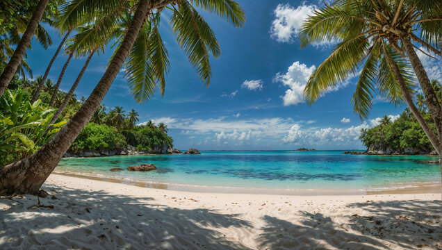 Spiaggia con sabbia bianca di un'isola di un atollo tropicale in mezzo all'oceano una foresta di palme rigogliose