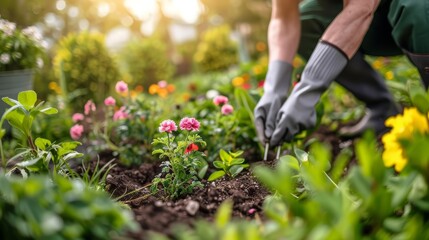 A serene image of a gardener planting flowers in a lush garden, suitable for gardening equipment ads with a clear area for text