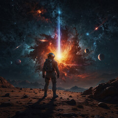 Surreal Space Landscape with Astronauts and Planets