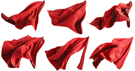 Set of flying 3d red drapery fabric cloth on transparent Background