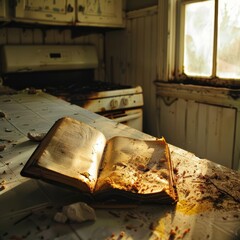 A tattered cookbook lies open in an abandoned kitchen where meals will no longer be prepared, illuminated by the soft, melancholic yellow of a forgotten sunrise