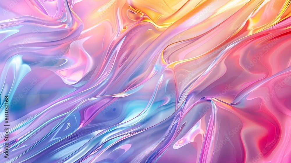 Sticker 3D abstract background with bright glass colors and a fluid wave render texture