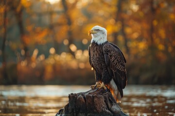 A bald eagle is perched on a log in a body of water. Generative AI.