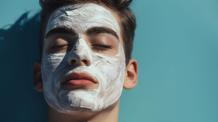 Close-up of a young man relaxing with a white facial mask under a bright blue sky, highlighting the purity and calmness of his skincare routine