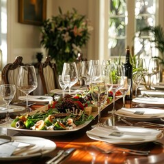 An elegant dinner setup with vegan, clean eating options, featured in a refined dining room for an upscale wellness retreat advertisement