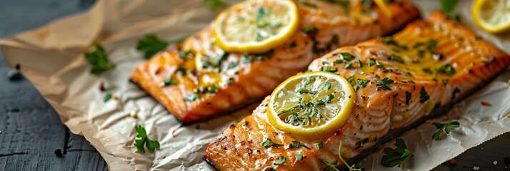 Baked salmon with lemon herb butter, fresh presentation, view from above, food banner with copy space for writing