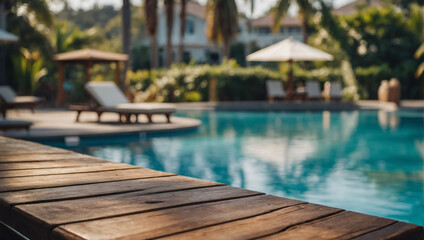 Poolside Serenity, Empty Wooden Table with Blurred Swimming Pool in Background