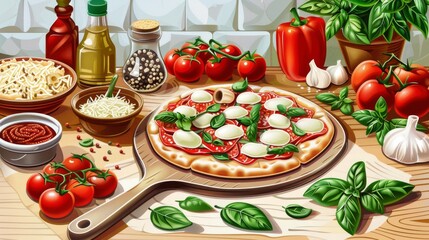 Pizza with tomatoes and mozzarella. Modern illustration.
