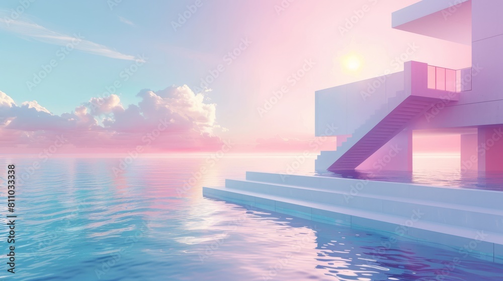 Fototapete a 3d rendering of an abstract pastel landscape background with architecture and geometric elements, 