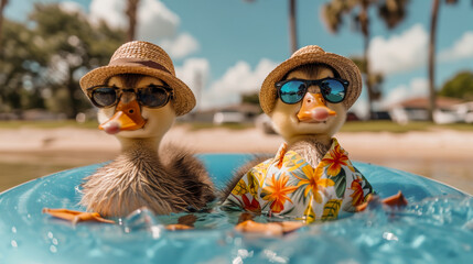 Ducks dressed in a Hawaiian shirt, beach shorts, hat, sunglasses Paddling in inflatable kiddie pool