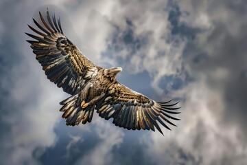 Fototapeta premium Colorful Glow HUD icon of a majestic eagle soaring with a very blurry backdrop of a cloudy sky