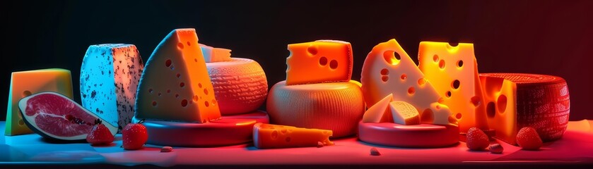 Colorful Glow HUD icon of various gourmet cheeses, arranged in an appetizing display on a 3D podium, banner template sharpen with copy space