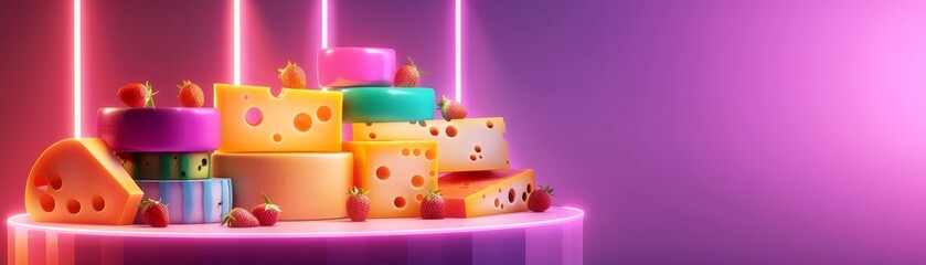 Colorful Glow HUD icon of various gourmet cheeses, arranged in an appetizing display on a 3D podium, banner template sharpen with copy space