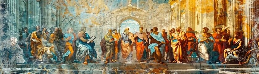 Conceiving a painting of ancient philosophers debating in a digital forum, illustrated in the style of classical Greek frescoes
