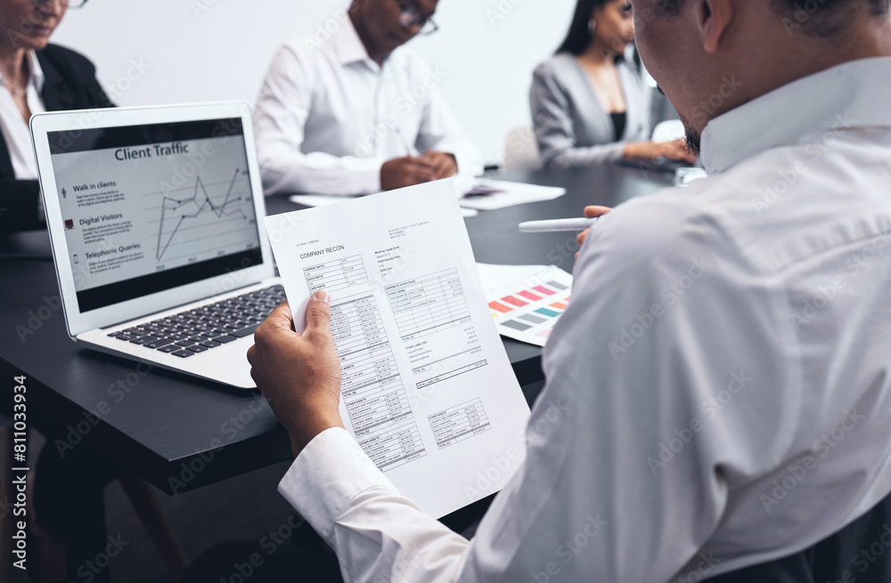 Poster businessman, laptop and paperwork in meeting by screen for company recon, strategy and client traffi