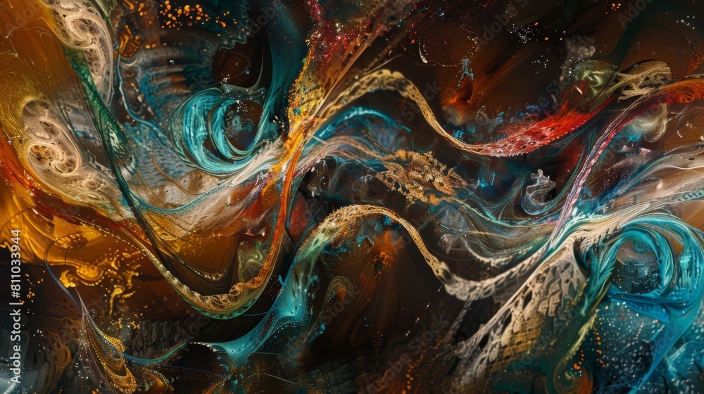Aufkleber An abstract painting filled with vibrant colors and various shapes intertwined in a visually dynamic composition.