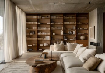 Minimalist living room with builtin bookshelves, sofa and side table in neutral tones
