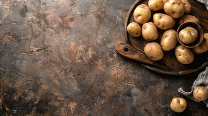 Bowl and board with raw potatoes on grunge background
