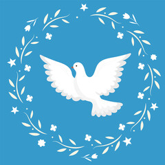 A dove flying on a blue background in a floral wreath.Symbol of peace and the holy spirit.Religious vector illustration