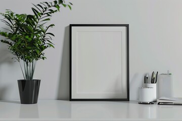 A white desk with a plant and a blank frame.