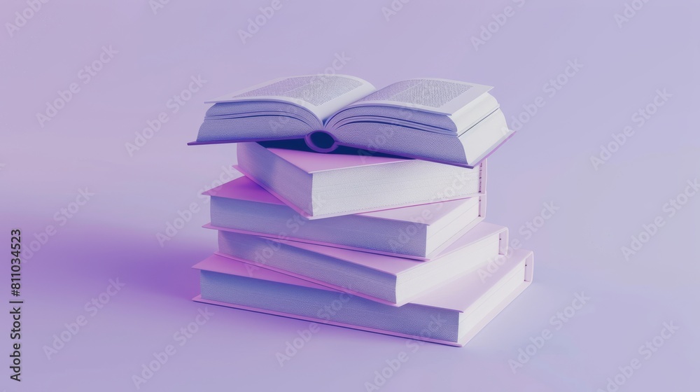 Poster A close book stack with an open book on a pastel purple background with space for text. Realistic 3D modern illustration of a literature pile.