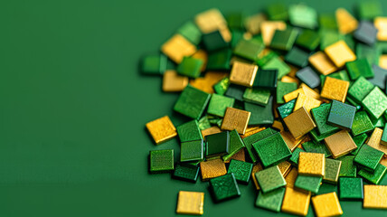 A pile of green and gold squares on a green background