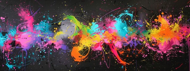 Obraz premium Abstract painting featuring vibrant multicolored paint splatters on a black background, creating a striking and dynamic visual effect.