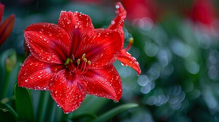 A red flower with water droplets on it.